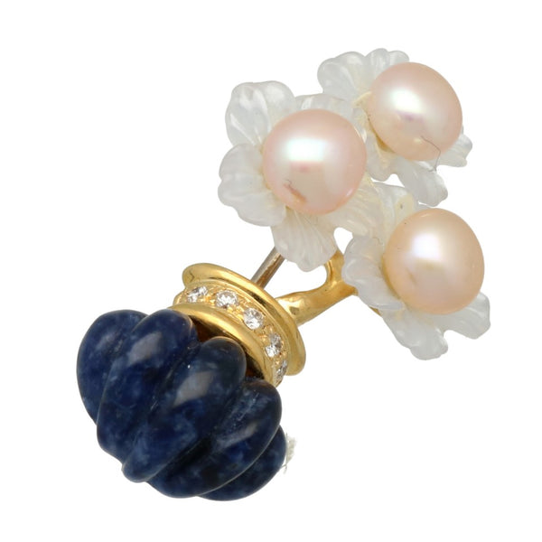 18 Krt gouden broche, bloem model met Briljant, Parels en Lapis Lazulli