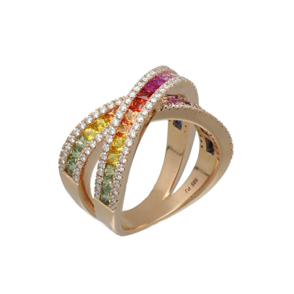 14Krt Rosegouden 'Rainbow' ring met Saffier & Briljant 1