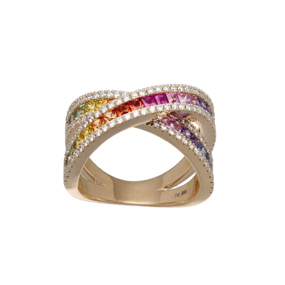 14Krt Rosegouden 'Rainbow' ring met Saffier & Briljant 2