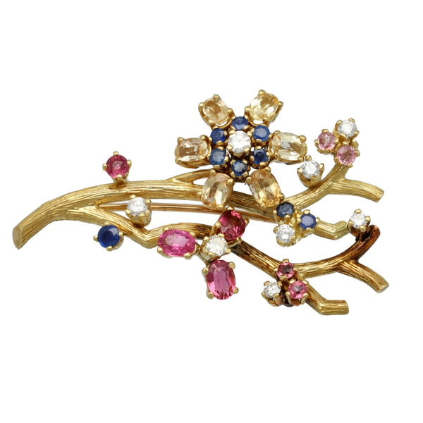 18 Krt vintage Broche. Briljanten-saffieren