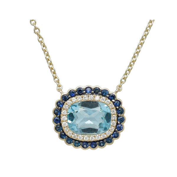 14 Krt Collier met Diamant,Saffier en Topaas.
