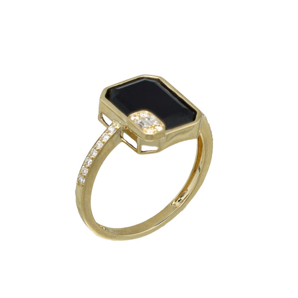 14 Krt Ring met Diamant en Onyx.