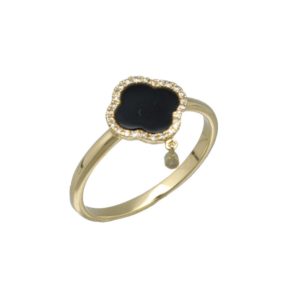 14 Krt Klaver Ring met Briljant en Onyx