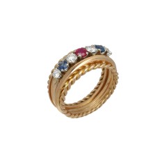 Rosé gouden Vintage ring bezet met Briljant, Robijn en Saffier.